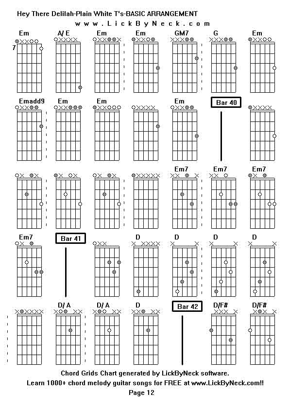 Chord Grids Chart of chord melody fingerstyle guitar song-Hey There Delilah-Plain White T's-BASIC ARRANGEMENT,generated by LickByNeck software.